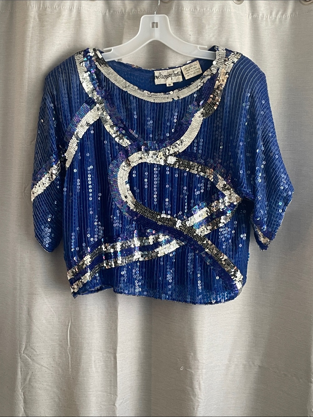 1980s Metamorphosis blue sequin top made of 100% silk
